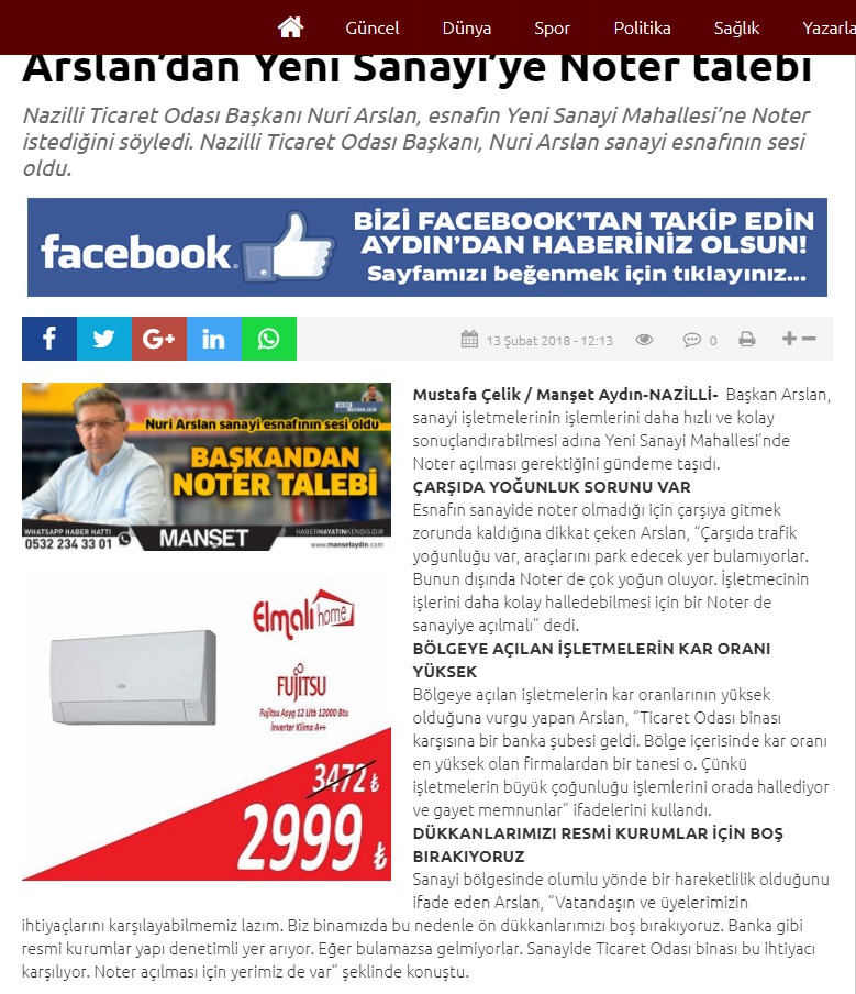 Manşet Gazetesi ( Arslan’dan Yeni Sanayi’ye Noter Talebi )
