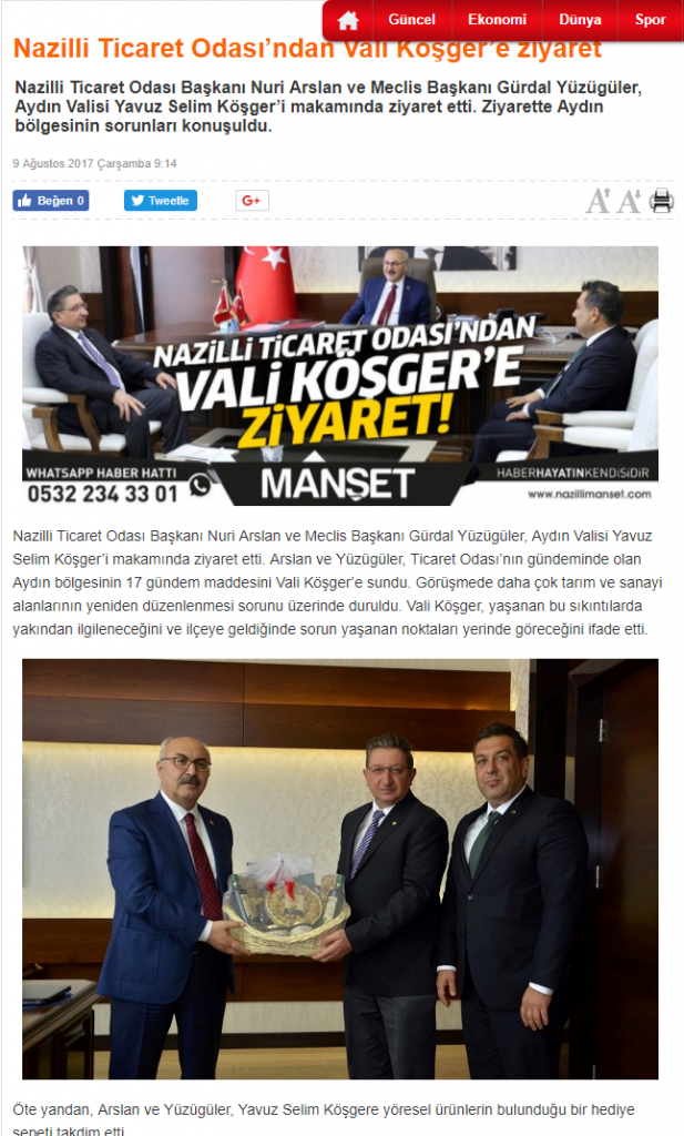 Nazilli Manşet Gazetesi (Nazilli Ticaret Odası’ndan Vali Köşger’e Ziyaret )