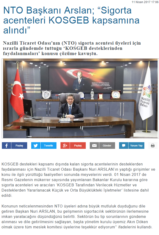 İhlas Haber Ajansı (NTO Başkanı Arslan “Sigorta Acenteleri KOSGEB Kapsamına Alındı)