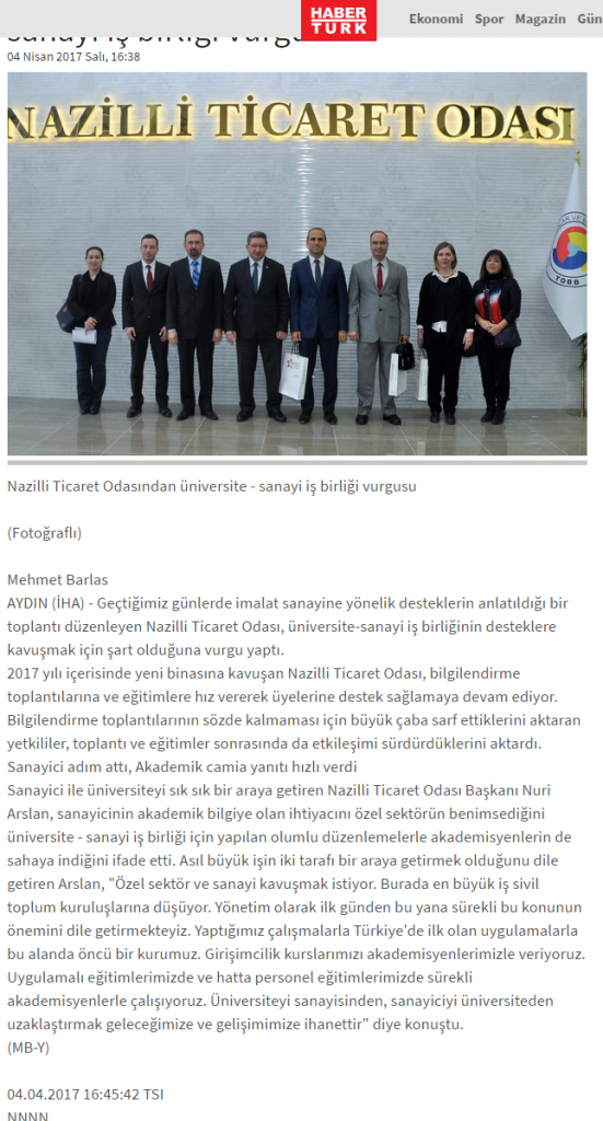Haber Türk Gazetesi (Nazilli Ticaret Odasından Üniversite-Sanayi İş Birliği Vurgusu)