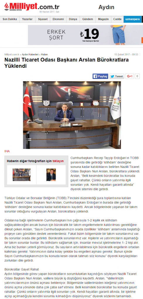 Milliyet Gazetesi (Nazilli Ticaret Odası Başkanı Arslan Bürokratlara Yüklendi)