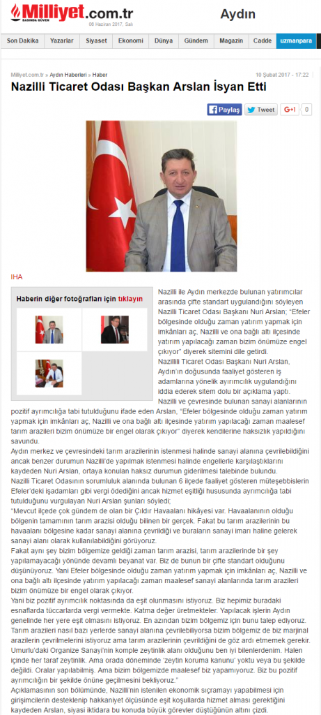 Milliyet Gazetesi (Nazilli Ticaret Odası Başkanı Arslan İsyan Etti)