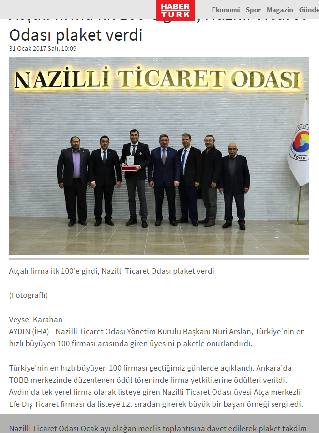 Haber Türk Gazetesi (Atçalı Firma ilk 100′ e Girdi Nazilli Ticaret Odası Plaket verdi)