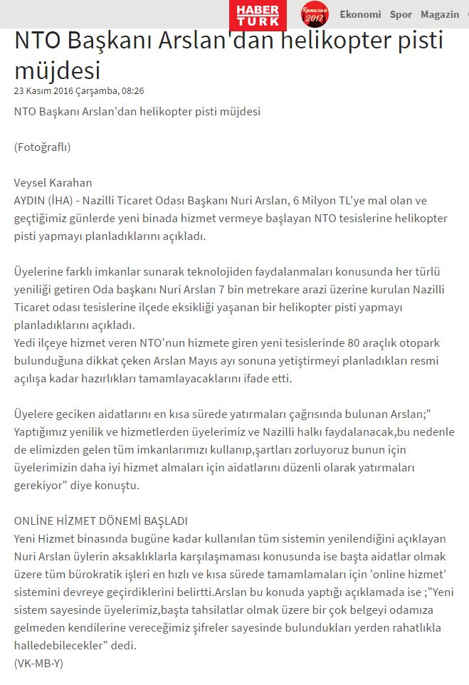 Haber Türk Gazetesi (Nazilli Ticaret Odası Başkanı Arslan’dan Helikopter Pisti Müjdesi)