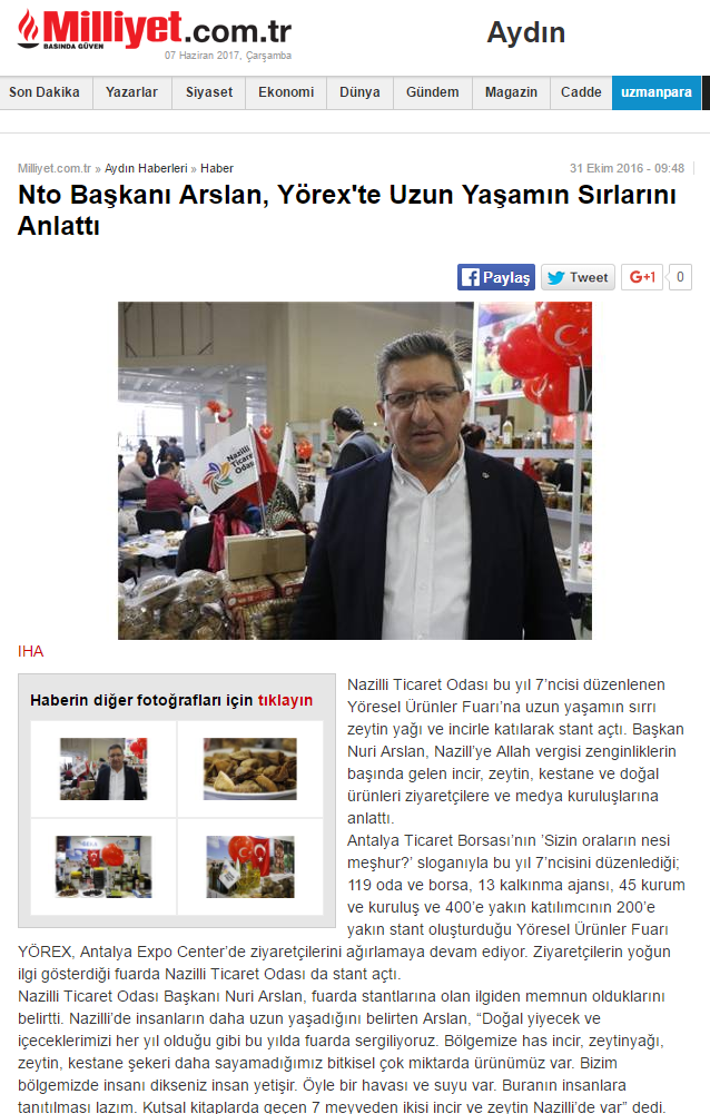 Milliyet Gazetesi (Nazilli Ticaret Odası Başkanı Arslan YÖREX’te Uzun Yaşamanın sırlarını Anlattı)