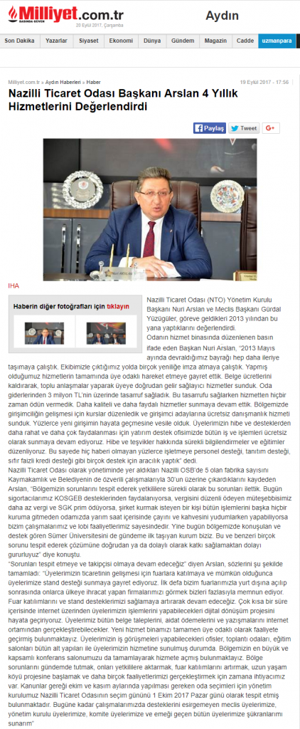 Milliyet Gazetesi (Nazilli Ticaret Odası Başkanı Arslan 4 Yıllık Hizmetlerini Değerlendirdi)