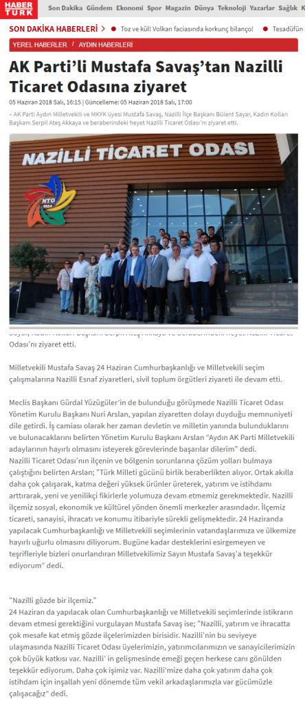 Haber Türk ( Ak Parti’li Mustafa Savaş’tan Nazilli Ticaret Odasına Ziyaret )