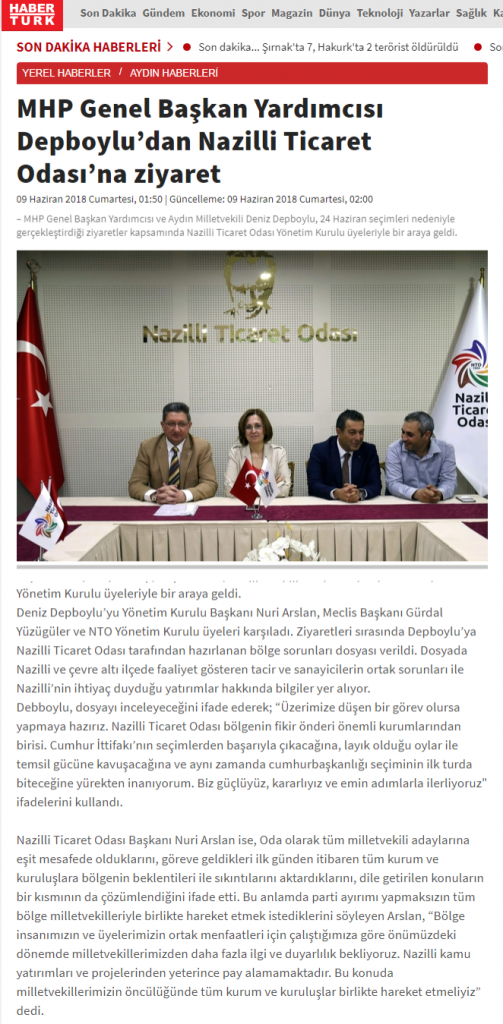 Haber Türk (MHP Genel Başkan Yardımcısı Depboylu’dan Nazilli Ticaret Odası’na Ziyaret)