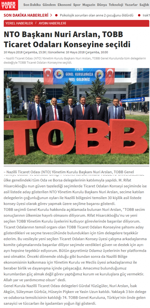 Haber Türk ( NTO Başkanı Nuri ARSLAN, TOBB Ticaret Odaları Konseyine Seçildi )