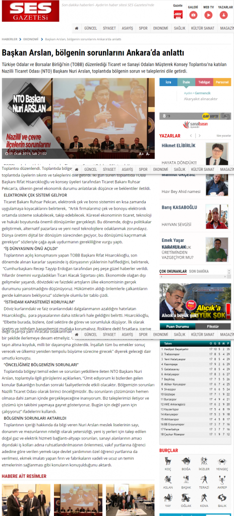 Ses Gazetesi ( Başkan Arslan, Bölgenin Sorunlarını Ankara’da Anlattı )