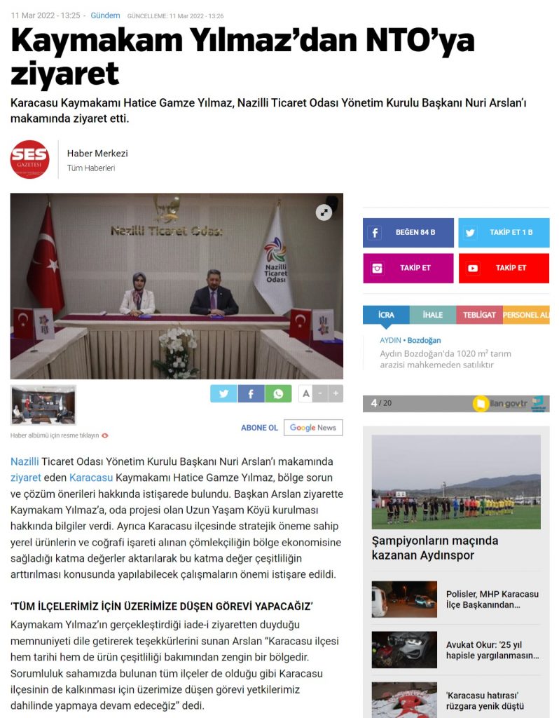 Karacasu Kaymakamı Yılmaz, NTO Başkanı Arslan’la görüştü